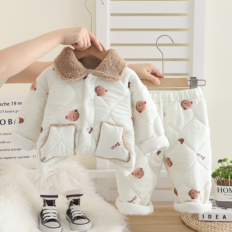 Picture of Boys' Winter Home Clothes suit New Western Style Baby Winter Full Print Bear Head cotton and thickening Long Sleeve Two-piece Set
