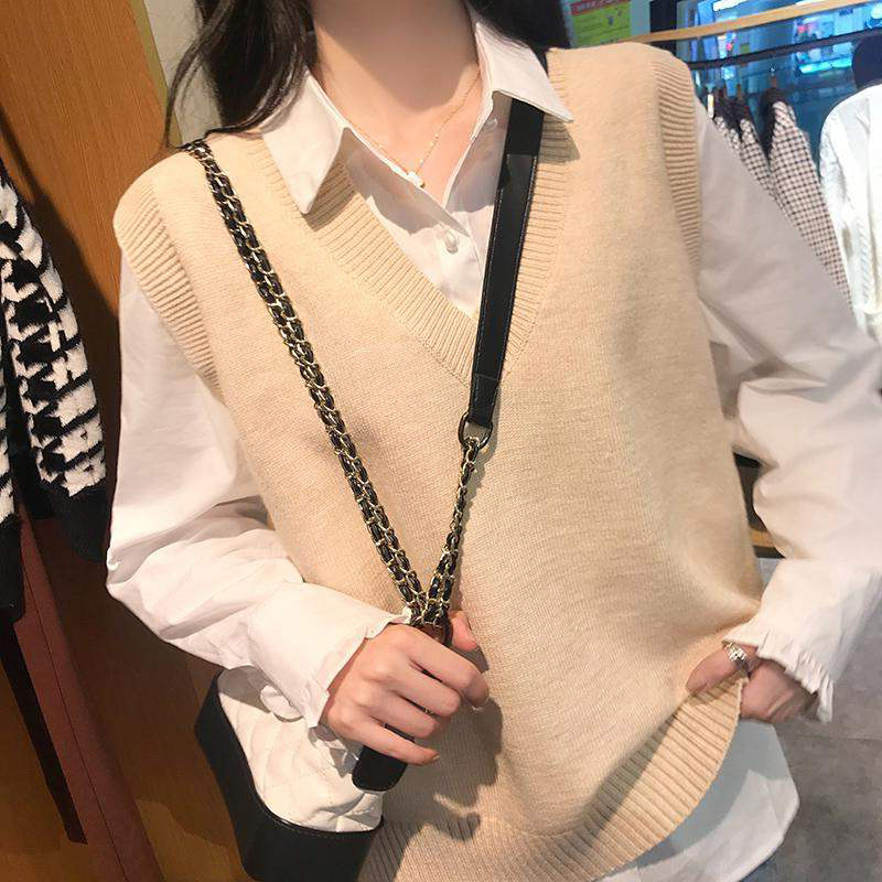 Women's apricot V-neck Knitted Vest Loose Korean Style Spring and Autumn Outer Wear Top Sleeveless Waistcoat Fashionable Vest