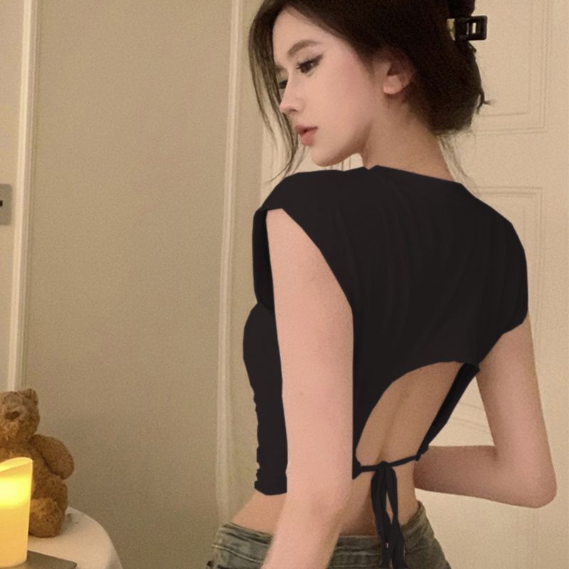 Picture of Pure Desire Backless Tight High Waist Short-Sleeved T-Shirt Women's Black Hot Girl Strap Slim-Fit Chic Short Top New Style
