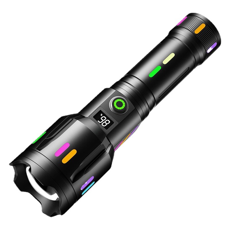 Amazon new strong light long-range flashlight type-c rechargeable digital electric display fluorescent strip tail hammer zoom flashlight