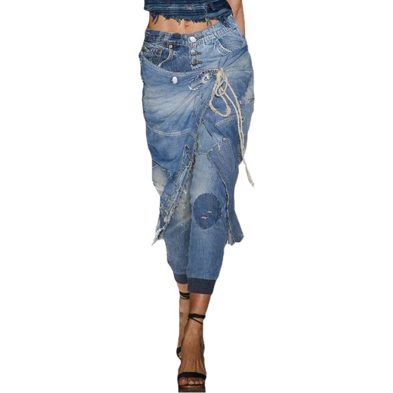 Cross-border Amazon high-waisted personalized ladies foreign trade jeans ripped lace-up trendy leggings ribbed leggings