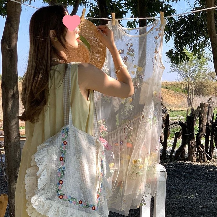 "Die Ling Huayang" Mesh Embroidered Sleeveless Dress for Women Summer Loose Layered Overskirt Vest Dress