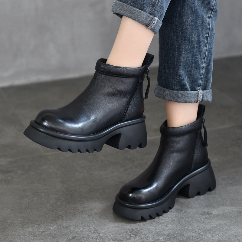 Retro Casual Thick-Soled Short Boots Genuine Leather Women's Boots Round Toe Winter New Velvet Warm Cotton Boots with Back Zipper