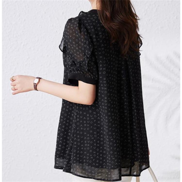 Picture of Real Shot chubby girl Printed Elegant Short-sleeved Shirt Summer New Belly Covering Loose Slim T-shirt Top