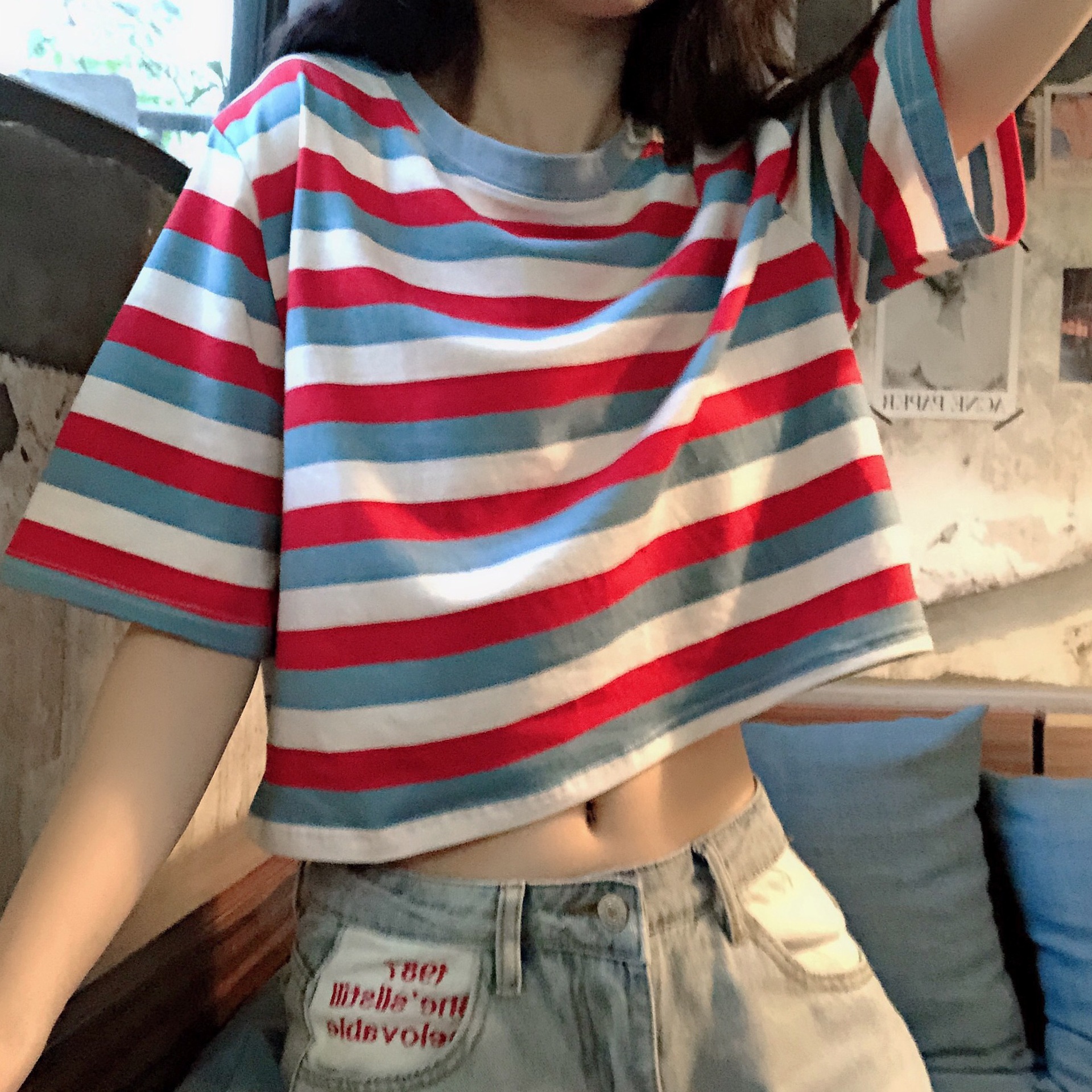 Korean-style Dongdaemun Striped T-shirt Women's Spring and Summer 2023 New Arrival Rainbow Navel Leaking Base Loose Hyun-style Top