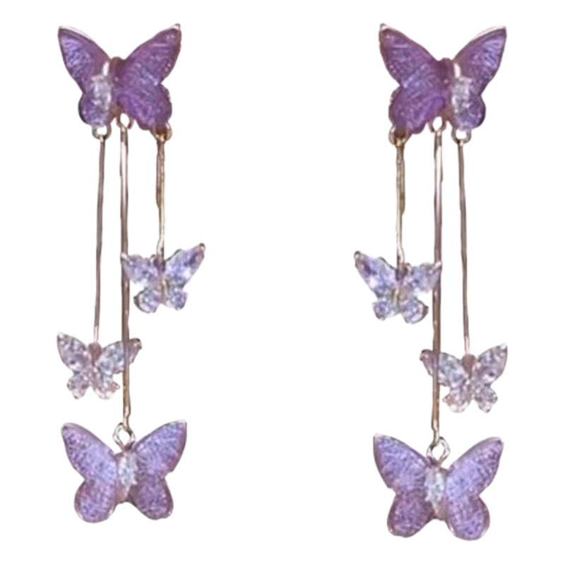 S925 Silver Needle Purple Crystal Butterfly Earrings Women's Light Luxury High-end Elegant Simple Long Tassel Ear Drop Trendy