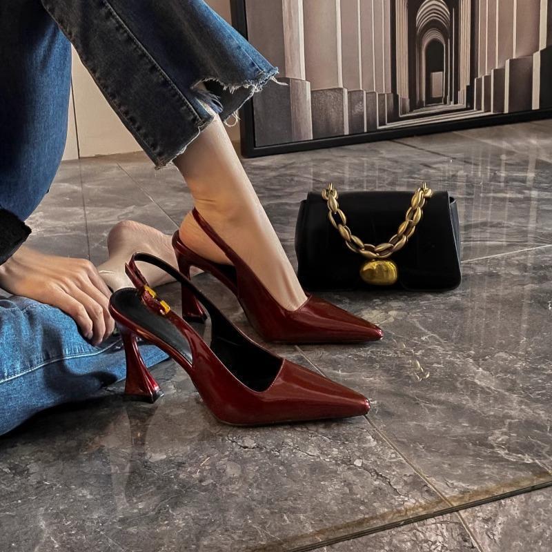 2025 New Burgundy Baotou Sandals Women's Back Strap Patent Leather Easiest for Match Stiletto Heel Pointed Toe High Heels Women's Sandals