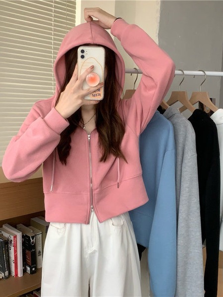 Zipper cardigan hooded sweater women's small spring and autumn thin loose design sense niche short coat fashion ins