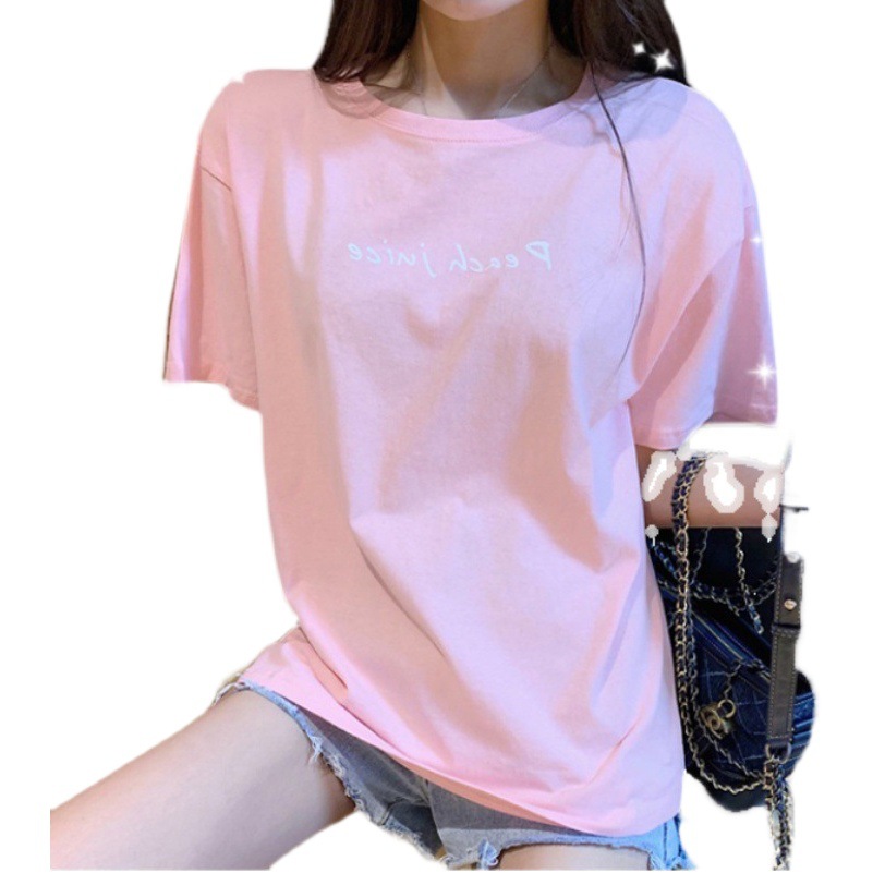 2024 Short-Sleeved T-Shirt for Women Summer Candy Color Printed Loose Round Neck Female Students Versatile Bestie Tops Export