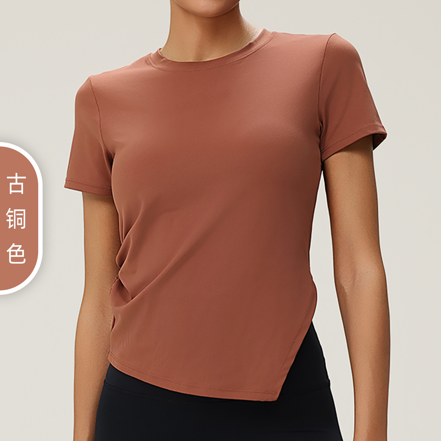 Picture of Cross-border Pleated Slim-fit Irregular Split Yoga Suit Short-sleeved Round Neck Running Fitness Yoga T-shirt