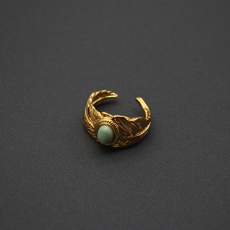 Qingdao Foreign Trade Jewelry Feather Turquoise Adjustable Ring C Earrings Copper Plated with 18K Gold
