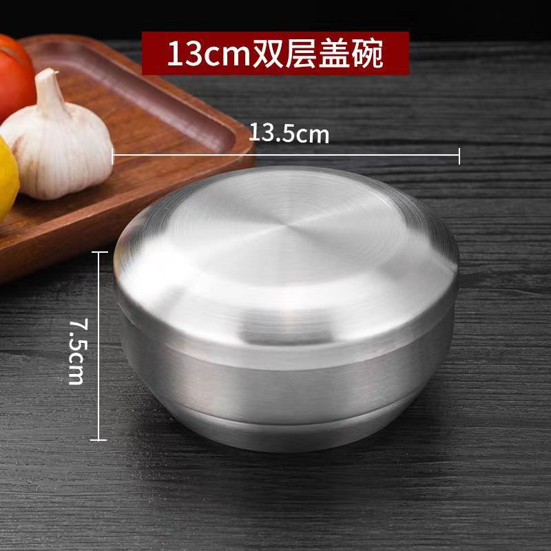 Picture of 304 Stainless Steel Korean Style Rice Bowl with Cover Bowl Household Double Layer Anti-scalding Soup Bowl Children's Rice Bowl Cooking Kimchi Bowl