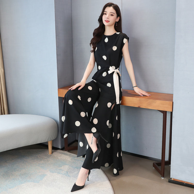 Picture of Chiffon Wide-Leg Pants Fashion Suit for Women 2024 Summer New Style Cool Royal Sister Style Age-Reducing Polka Dot Two-Piece Set