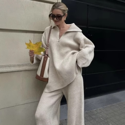 Cross-border European and American women's AliExpress INS explosions street style loose lapel high waist trousers knitted sweater suit