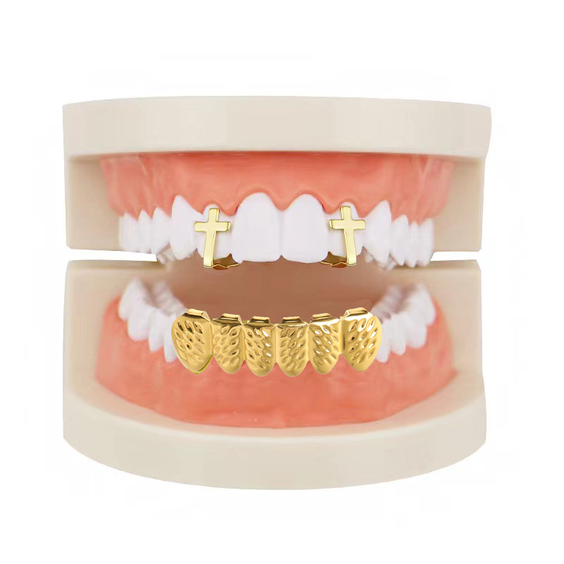Picture of European and American hip-hop braces hiphop bright face single cross hollow suit wheat ear gold braces party decorative teeth