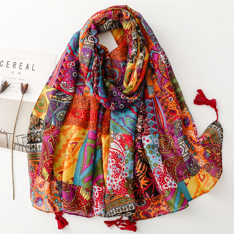 Vintage Wearing Accessories Cotton Linen Handfeel Bali Yarn Scarf Ethnic Red Bohemian Tassel Scarf Shawl