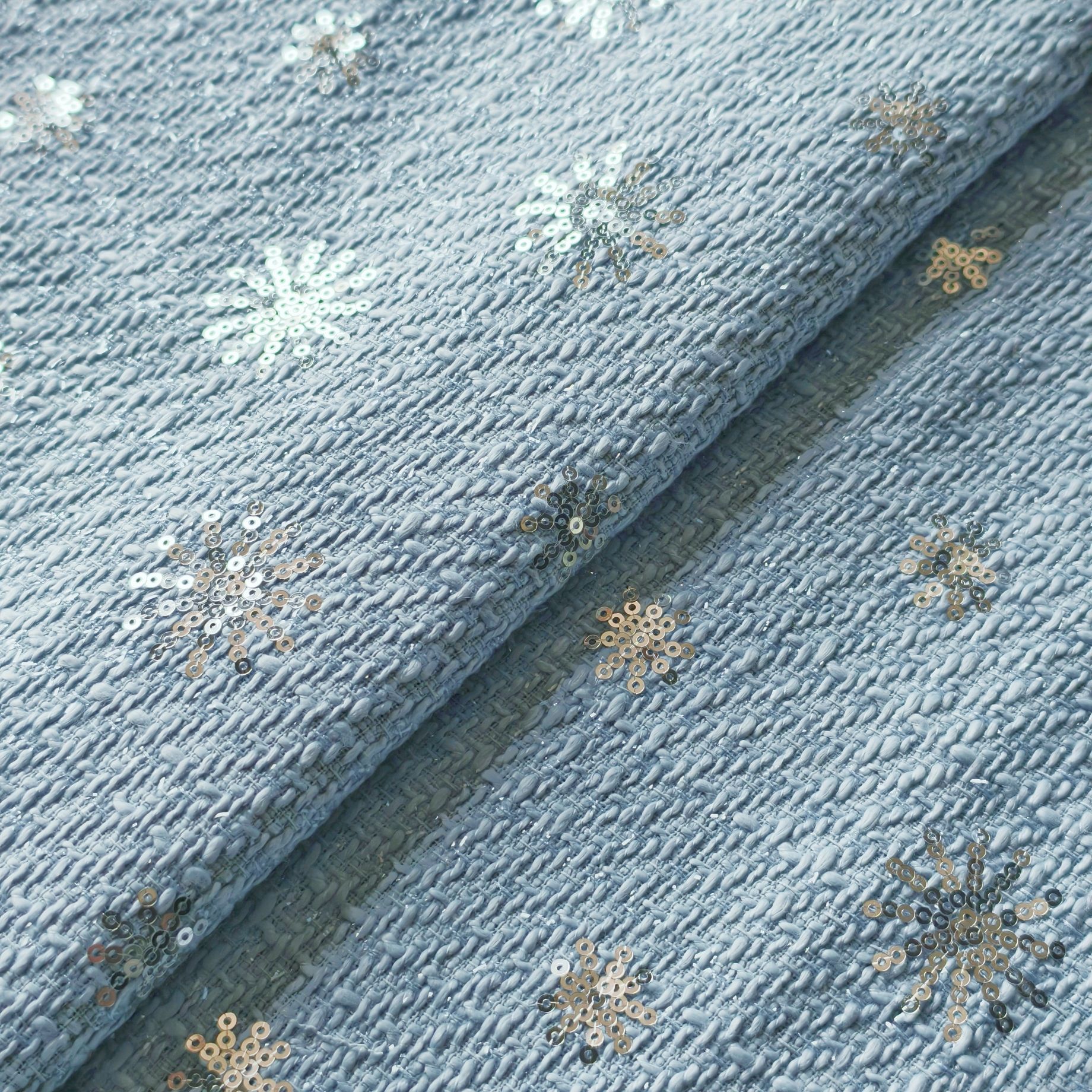 Picture of Woolen Tweed with Snowflake Sequins and Sequins Embroidered Fabric, Tweed Girls' Clothing, Jackets, Bags, Shoes, Hats and Fabrics