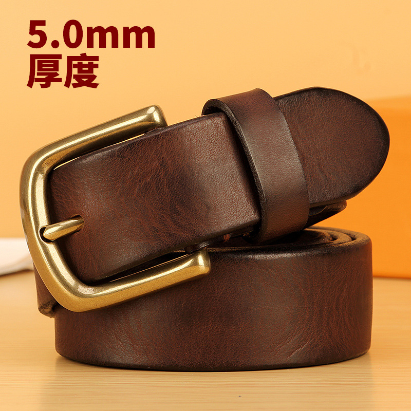 Thickened Leather Belt Men's Leather Pin Buckle Pure Cowhide Copper Buckle Handmade Vintage Distressed Long Tooling Belt Soft and Durable
