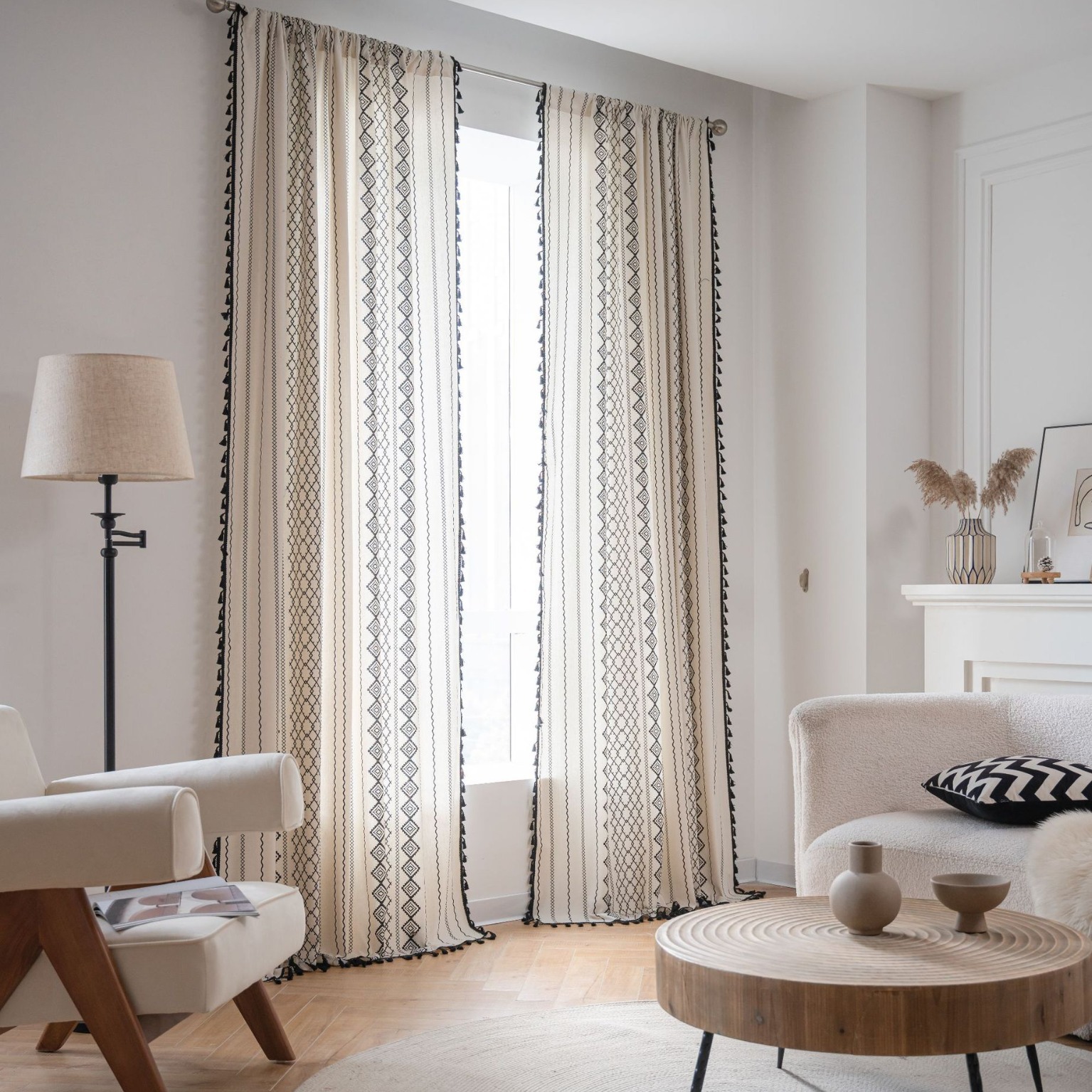Picture of Yiman Qiyun Curtain Finished Cotton and Linen Kitchen Curtain Bohemian Style Black and White Printed Bay Window Curtain