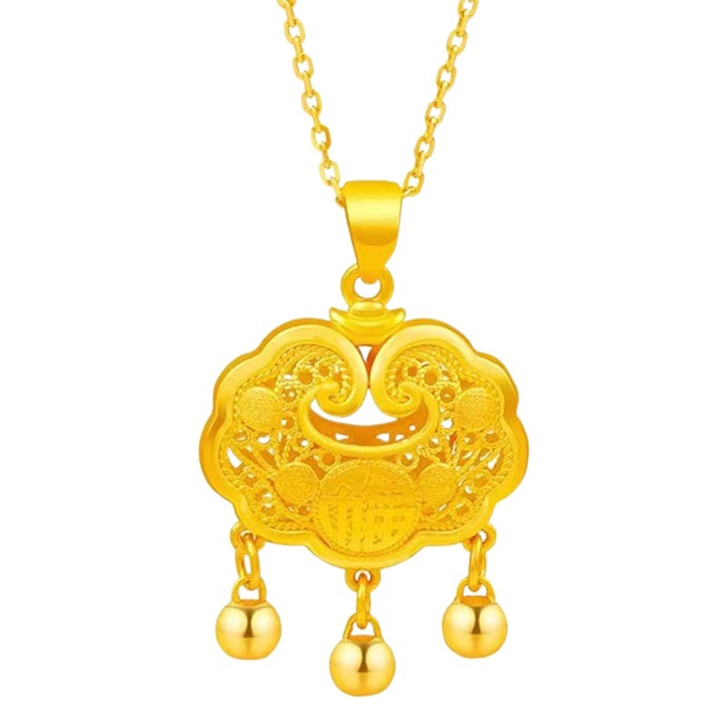 Sand Gold Baby Lock Pendant Blessed Ruyi Long Life Lock Ancient Method Gold Plated Necklace Female Ingot Lock Pendant Gift Jewelry