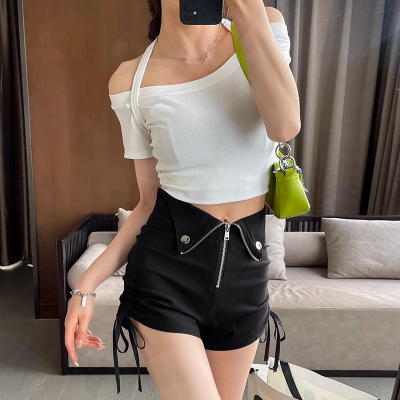Design Side Strap High Waist Black Casual Pants Women's Fall/Winter 2021 Korean Style All-match Slim Look Outer Wearing Shorts