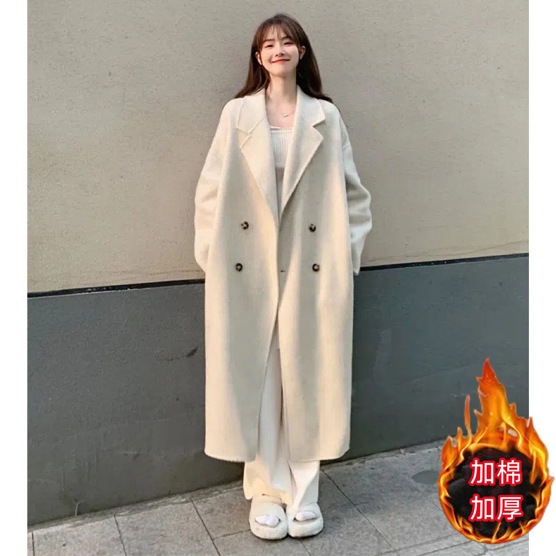 Picture of Mid-length woolen coat for women autumn and winter cotton-padded student straight loose over-the-knee overcoat double-breasted lazy windbreaker thick