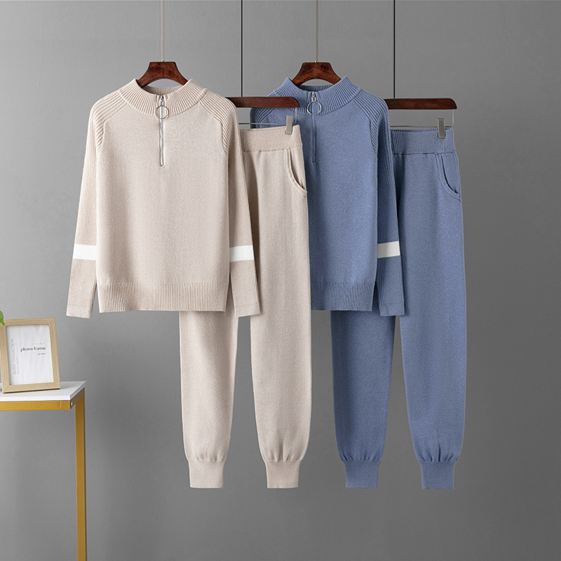Cross-border European and American casual pants suit sweater suit two-piece long sleeve suit sweater + casual pants suit