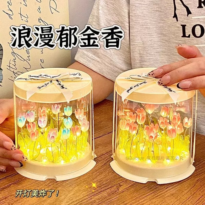 New Creative Tulip Night Light Handmade DIY Material Cake Box Romantic Sea of ​​Flowers Atmosphere Light Cross-Border Supply