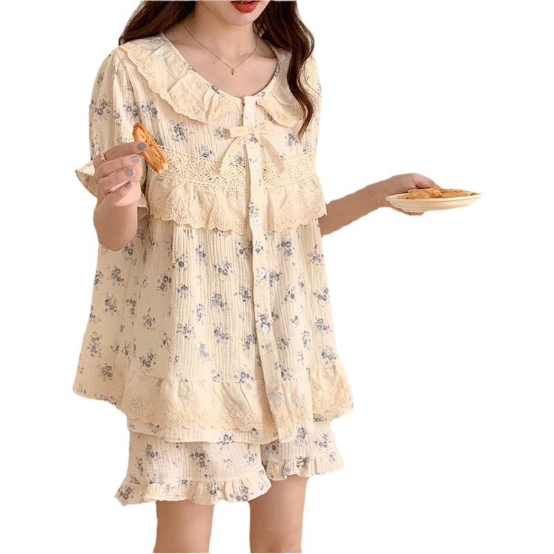Summer 2023 Korean Style Sweet Heavy Industry Lace Palace Style Loose Small Floral Short Sleeve Shorts Set for Outer Wear