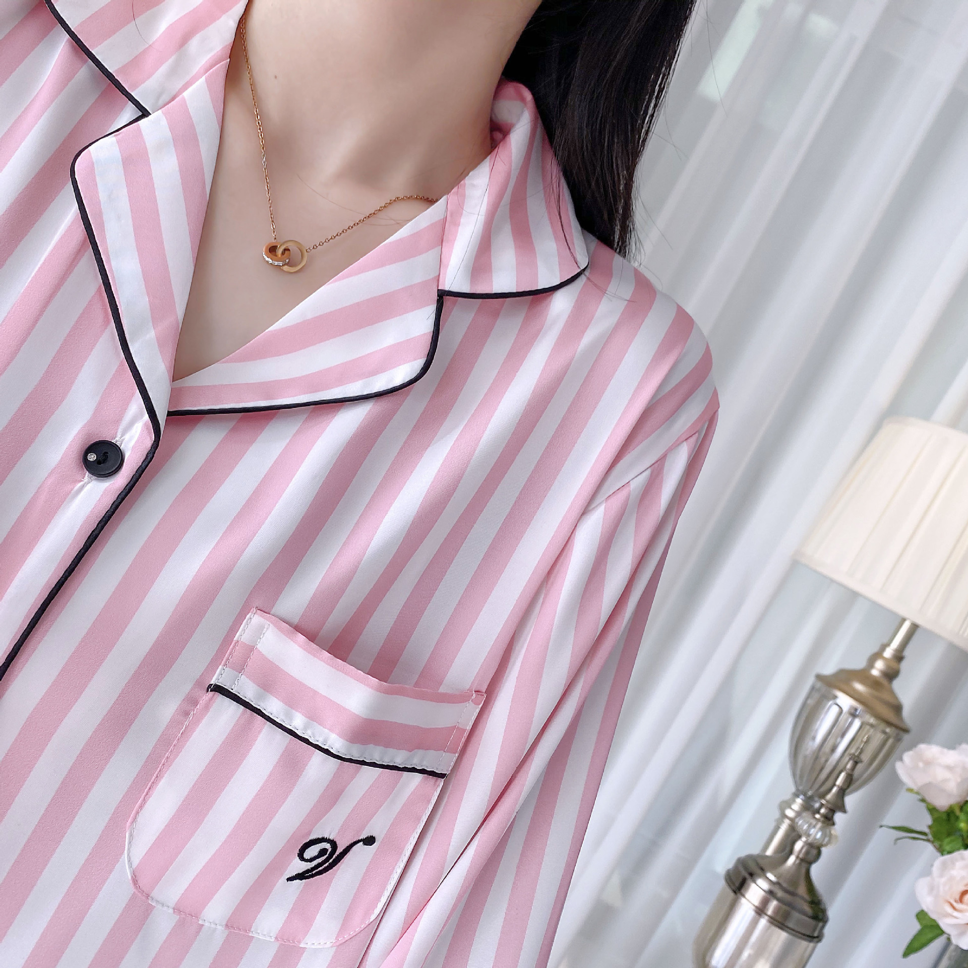 Picture of New Women's Long Sleeve Pajamas suit Cardigan Korean Style Home Clothes Striped Ice Silk Outer Wear Thin