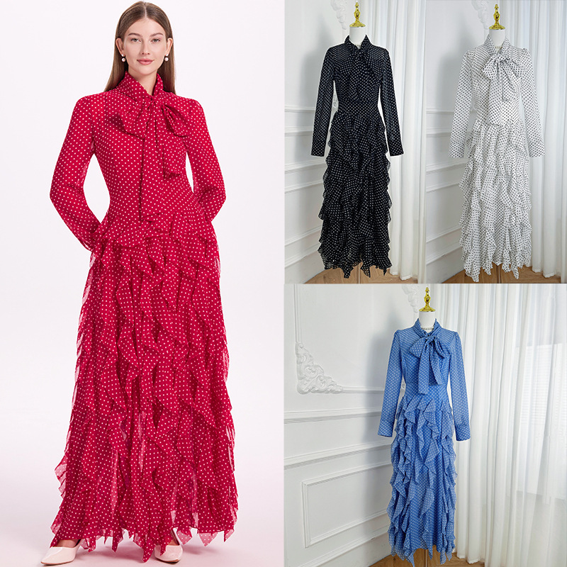 Light mature style niche bow lace-up long sleeve polka dot dress women's fall 2025 irregular ruffled long skirt
