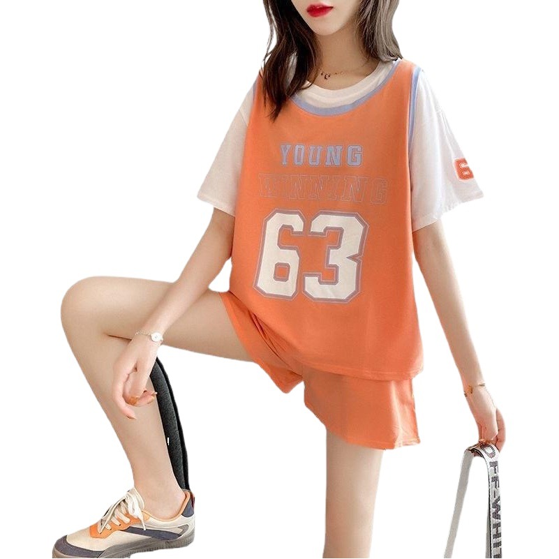 505#200kg fat mm size summer leisure sports suit women's new loose short sleeve shorts student two-piece suit