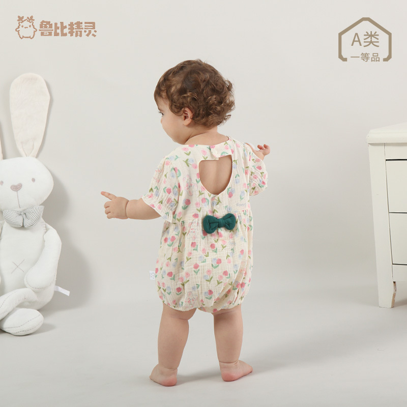 Picture of Baby Floral Romper Summer Thin Style Baby Triangle Romper Crawling Clothes Newborn Clothes One-Piece Pure Cotton Short-Sleeved