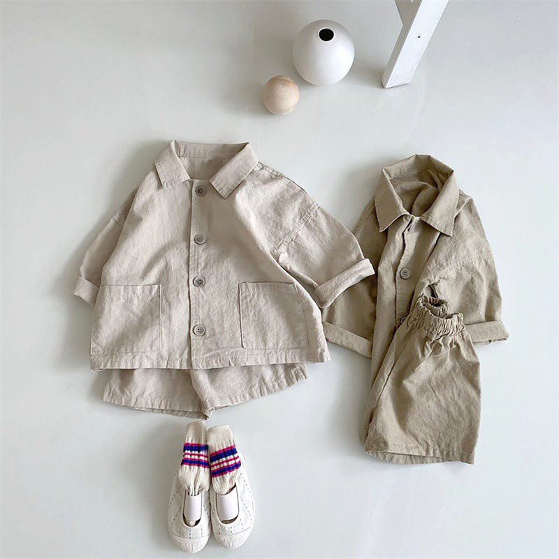2024 Children's Wear Ins Korean Style Boys and Girls Summer suit Fashionable Handsome Lap Collar Shirt Shorts Children's Two-Piece Set