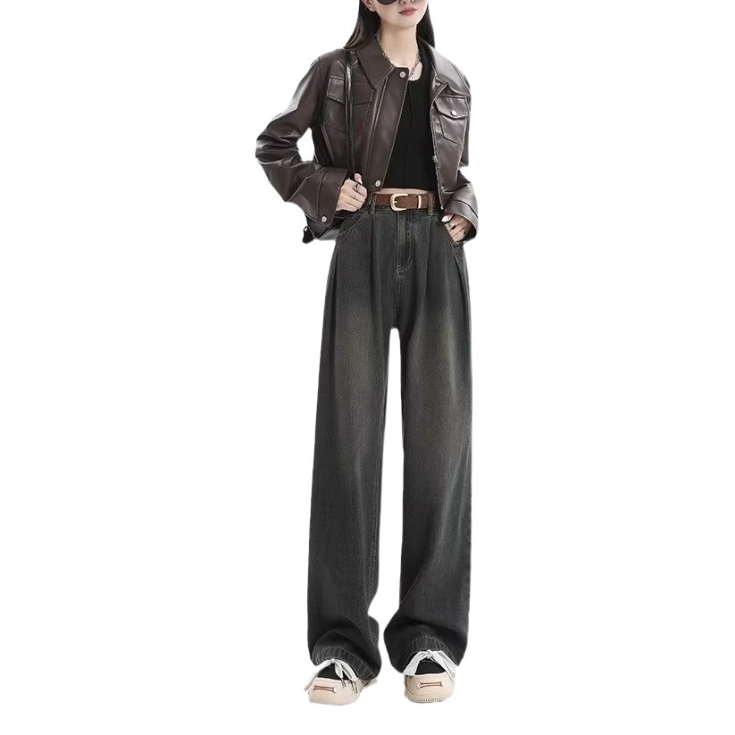 American Style Retro Wide Leg Jeans Women's Autumn and Winter 2023 New Cement Grey High Waist Straight Tall Pants