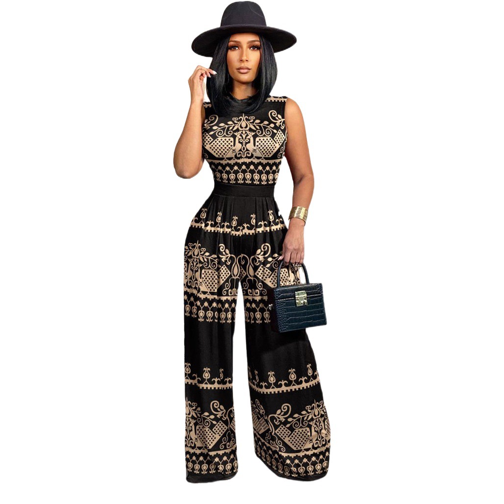 D9423 Amazon Hot European and American Women's Fashion Pattern Printed Sleeveless Jumpsuit + Wide Leg Pants Set