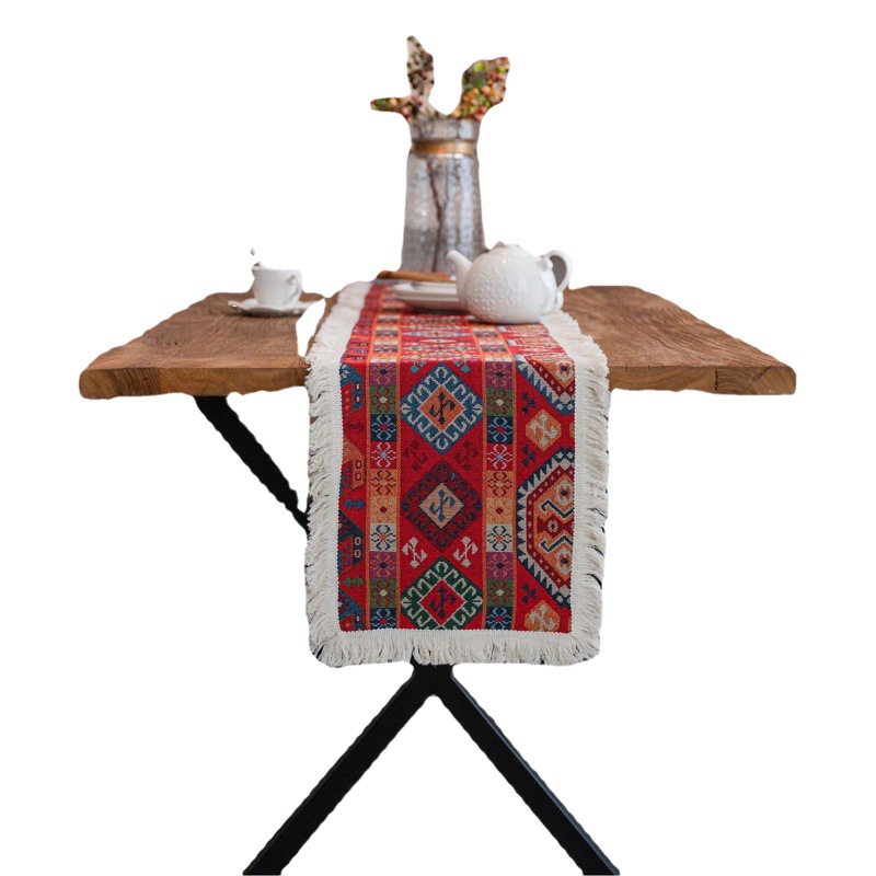 Imaki Rhyme Table Flag Jacquard Geometric Red Tassel Wedding Decoration Atmosphere American Vintage Entrance Cover Towel