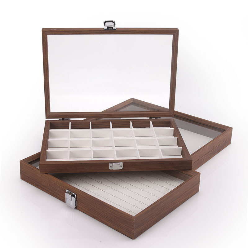 Picture of Fashion walnut grain white leather jewelry box with lid dustproof earrings earrings earrings storage box ring necklace bracelet tray