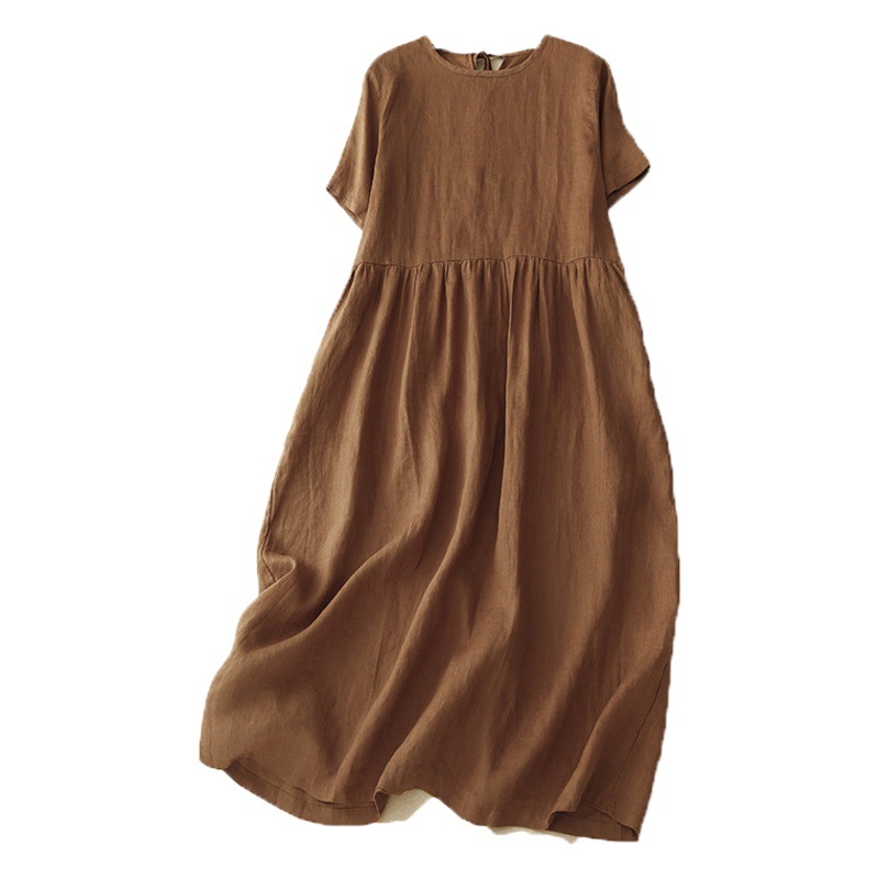 2024 Summer new elegant simple solid color cotton and linen dress women's artistic round neck short sleeve lace-up large swing dress