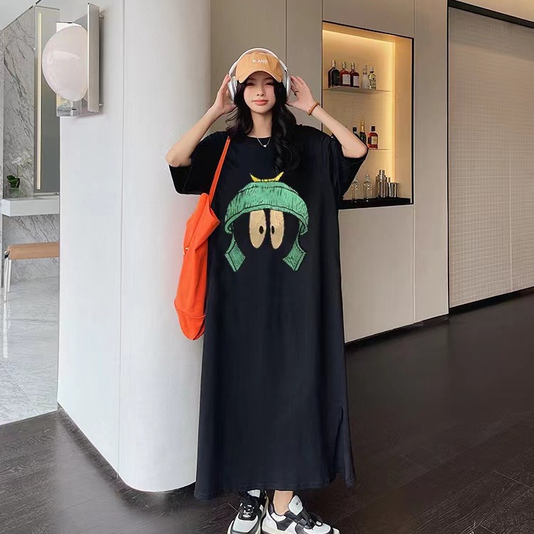 2024 Summer new chubby girl plus size loose round neck printed cartoon mid-length split dress short sleeve t-shirt