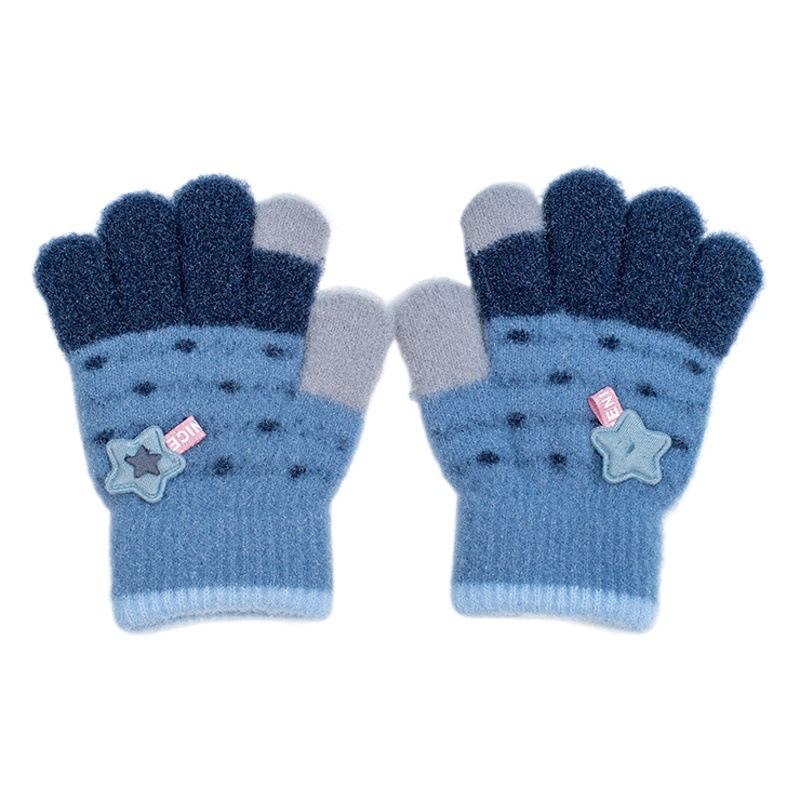Children's wool gloves autumn and winter boys and girls warm cold baby knitted crystal yarn star five-finger gloves