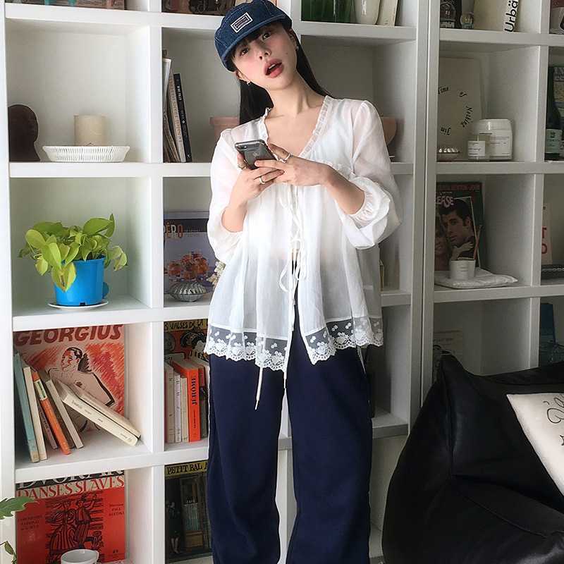 Picture of Chic Korean Style Thin Sun Protection Spliced ​​Lace Cardigan Lace-Up Shirt