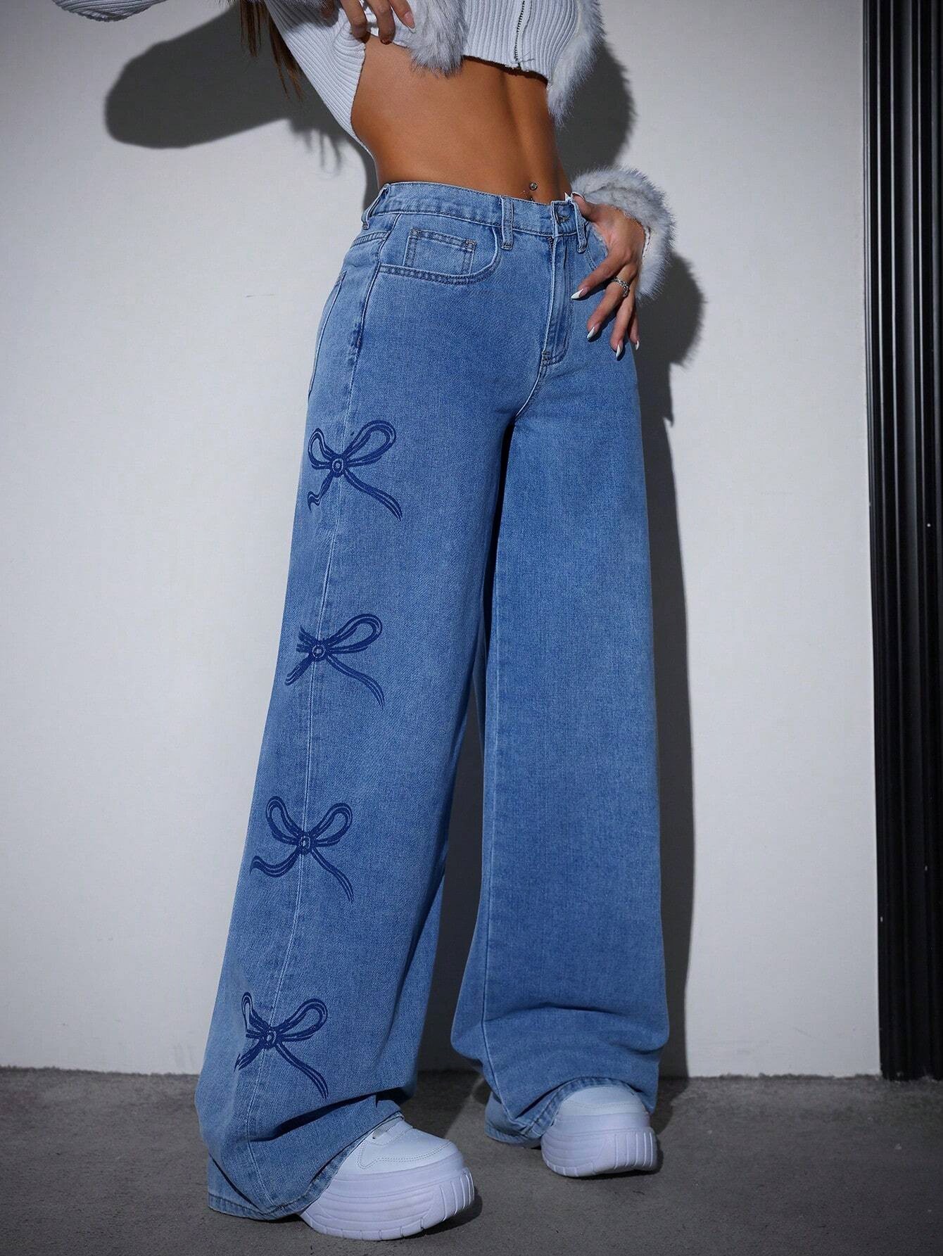Cross-Border Casual Versatile Export Amazon Popular Printed Ins Washed High Waist Butterfly Design Jeans Jeans