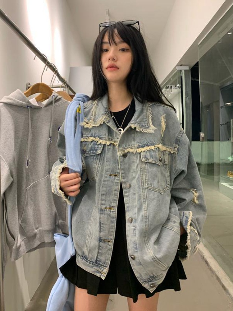 Korean Style Loose Ripped Edge Denim Jacket Women's Autumn 2023 New Design Sense Niche Jacket ins Top