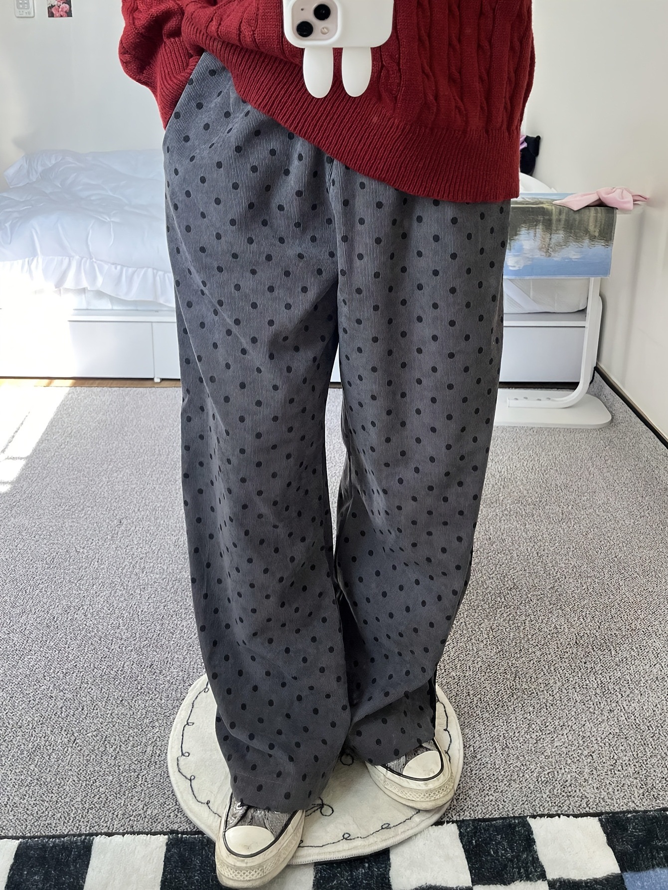 Temu Pants Spring and Autumn Thin Polka Dot Wide-Leg Pants Drape Versatile Drawstring Straight-Leg Floor-Length Fashion Long Pants