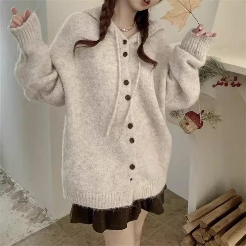 Fenafu Autumn and Winter New Loose Lazy All-match Sweater Jacket Soft Waxy Solid Color Hooded Knitted Cardigan for Women