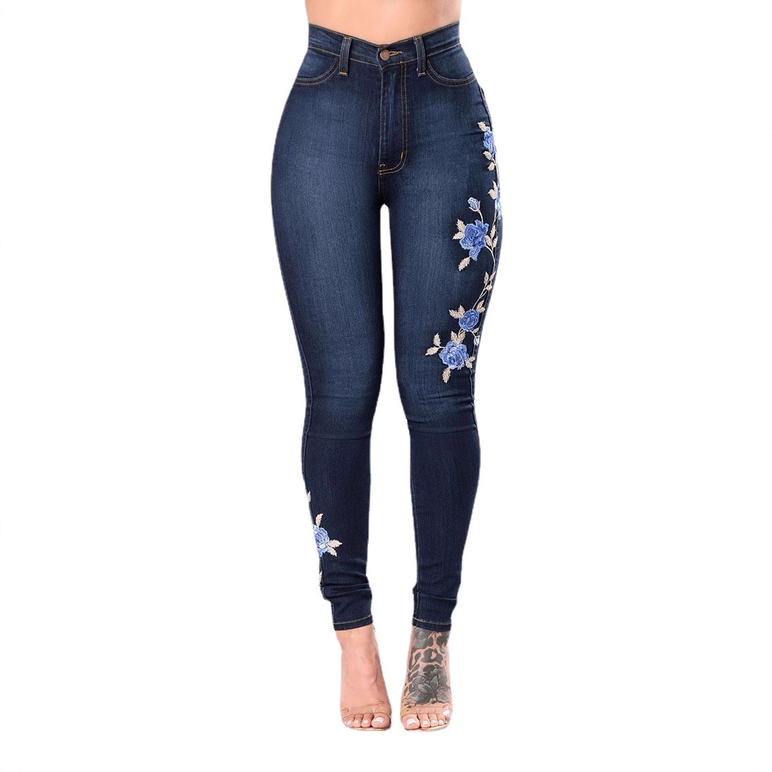 Picture of Ebay Amazon Hot Internet Red Jeans European and American Embroidered Stretch Pencil Pants Export Low Waist Pants for Women