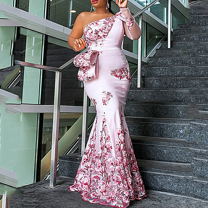 2025 Summer Ins Internet Celebrity Women's Cross-Border Printed 3D Digital Printed Woven Splicing Fishtail Long Drag Dress