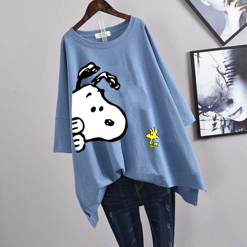 Picture of 100kg Plus Size Women's Summer Leaf Print Casual Slit Mid-Length Short Sleeve T-Shirt Loose Oversized Style