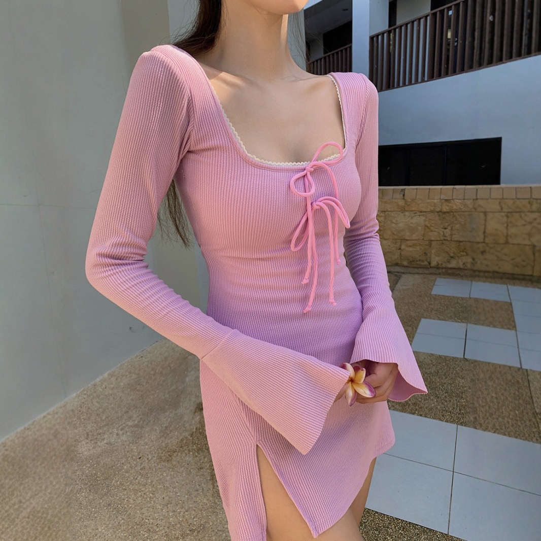 Cross-Border Conservative Bikini Trumpet Long-Sleeved One-Piece Skirt Pure Color Simple Small Fragrance Swimsuit Women's Thai Swimsuit